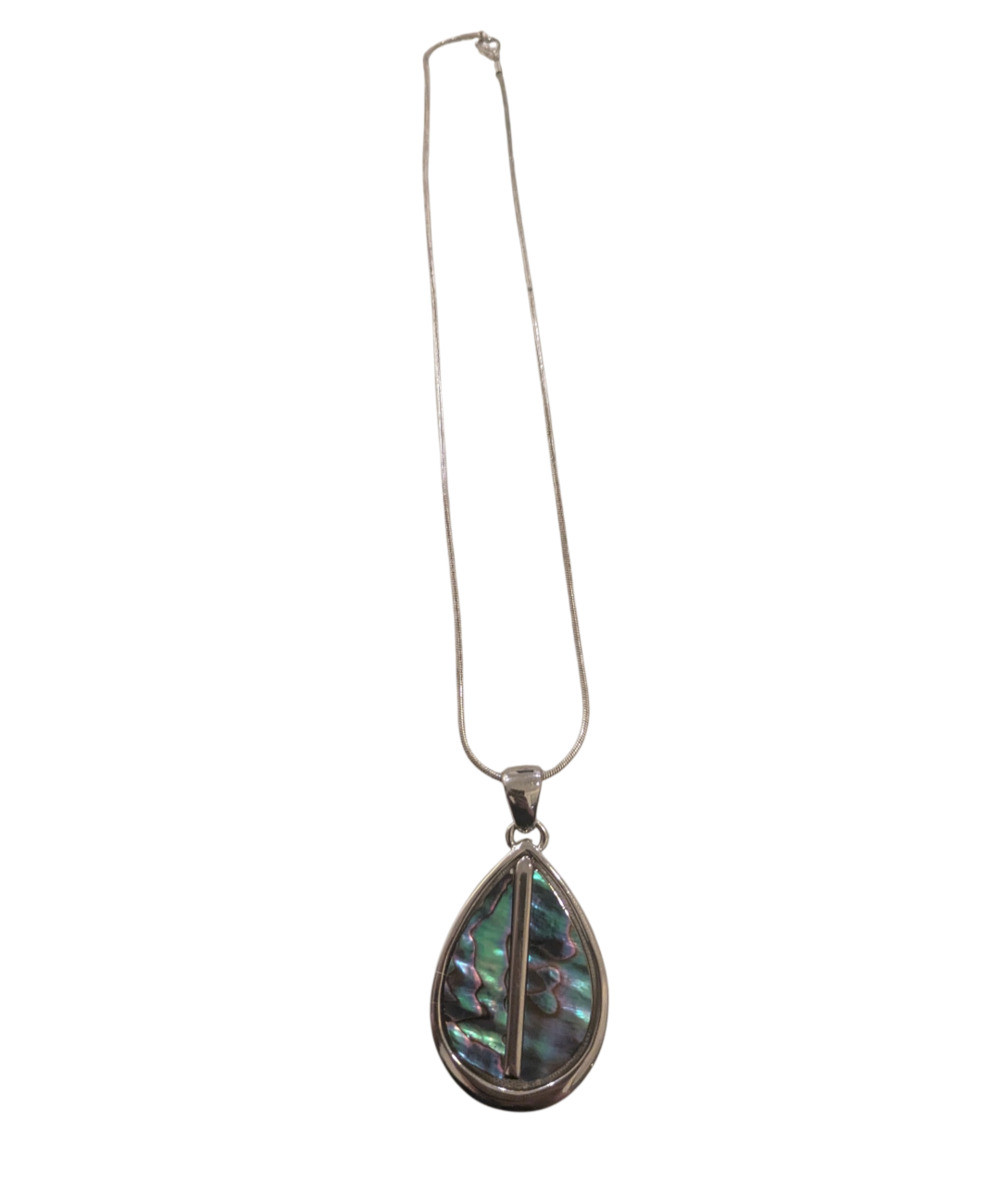 Abalone Shell Teardrop Pendant Necklace Silver Tone